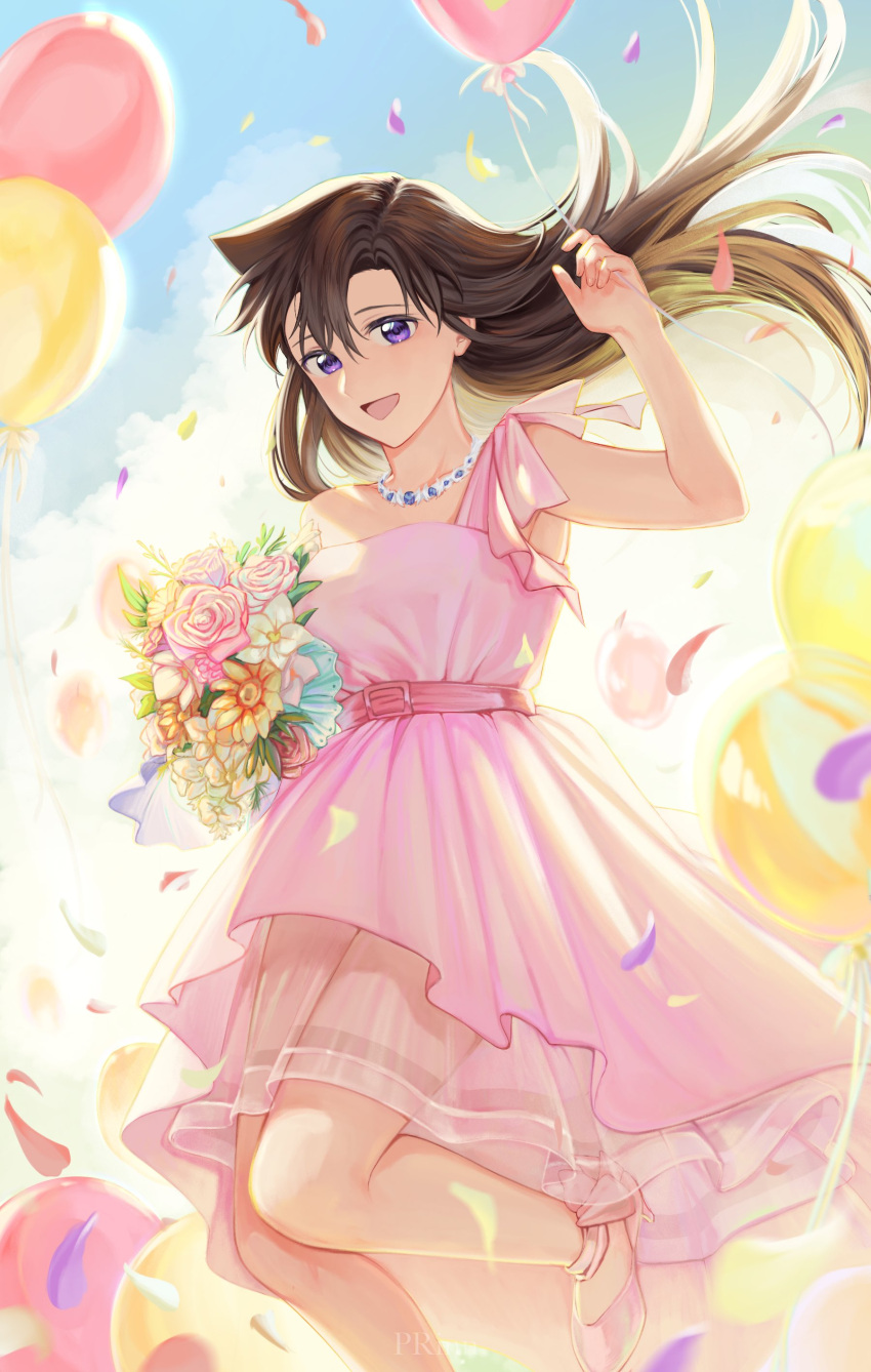 absurdres balloon bouquet brown_hair dress falling_petals female floating_hair high_heels highres holding holding_balloon holding_bouquet jewelry jumping legs_up long_hair looking_at_viewer meitantei_conan mouri_ran necklace open_mouth petals pink_dress ppxp53 purple_eyes see-through side_part single_strap solo