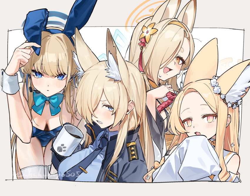 4girls animal_ear_fluff animal_ears black_gloves blonde_hair blue_archive blue_eyes blue_hair blue_jacket blue_leotard blue_necktie blue_shirt blush breasts brown_eyes collared_shirt cup detached_sleeves dog_ears dog_girl downblouse extra_ears fake_animal_ears flower forehead gloves hair_flower hair_ornament hair_over_one_eye halo highres jacket kaho_(blue_archive) kanna_(blue_archive) leaning_forward leotard long_hair looking_at_viewer mole mole_under_mouth multiple_girls nagisa_(blue_archive) necktie oerba_yun_fang orange_eyes rabbit_ears seia_(blue_archive) shirt sleeves_past_fingers sleeves_past_wrists small_sweatdrop thighhighs toki_(blue_archive) toki_(bunny)_(blue_archive) twitter_username uhuhu very_long_hair white_thighhighs wrist_cuffs