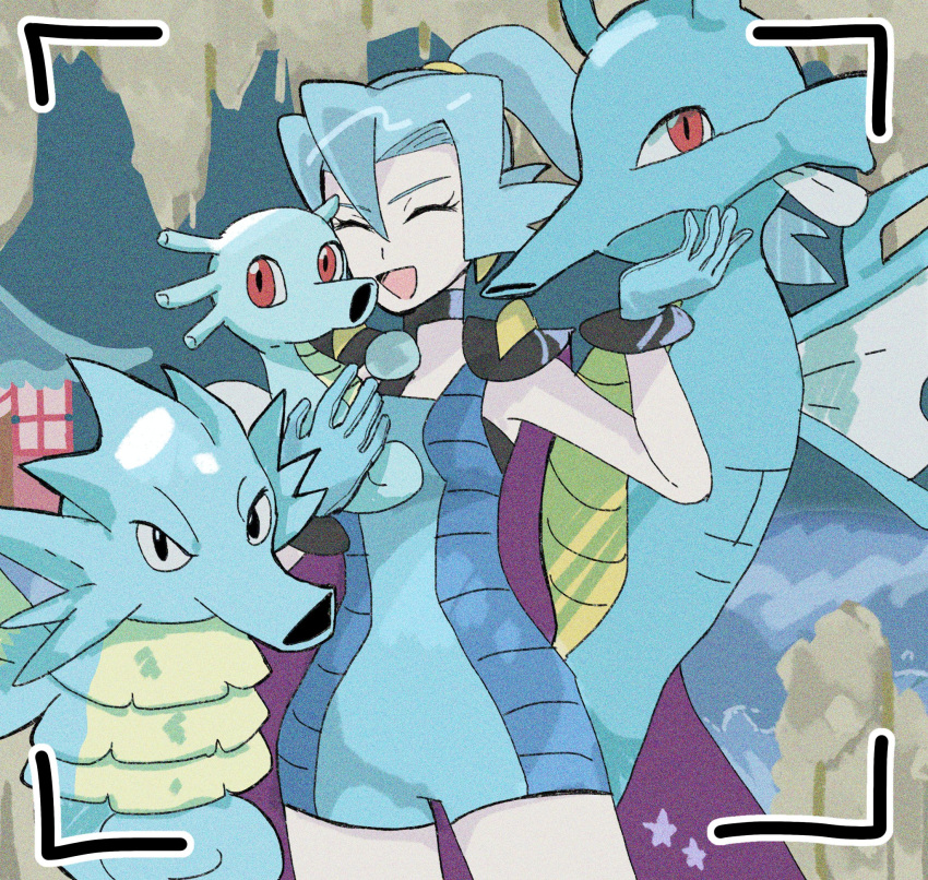 :d ^_^ blue_bodysuit blue_gloves blue_hair blue_skin bodysuit clair_(pokemon) closed_eyes colored_skin evolutionary_line eyelashes female fish gloves high_ponytail highres holding holding_pokemon horsea kingdra long_hair pokemon pokemon_(creature) pokemon_hgss red_eyes seadra seahorse shu_(witb_) sleeveless sleeveless_bodysuit smile standing viewfinder