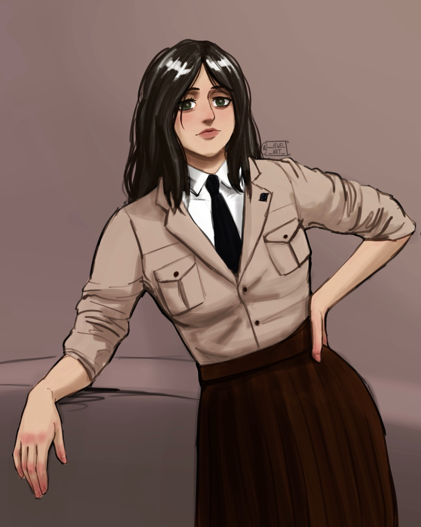 arm_support black_eyes black_hair black_necktie black_skirt blush breast_pocket breasts brown_background collared_shirt female hand_on_own_hip highres jacket jewel_or_moth leaning_to_the_side lips looking_at_viewer necktie pieck_finger pocket shingeki_no_kyojin shirt signature skirt sleeves_rolled_up snk uniform white_shirt