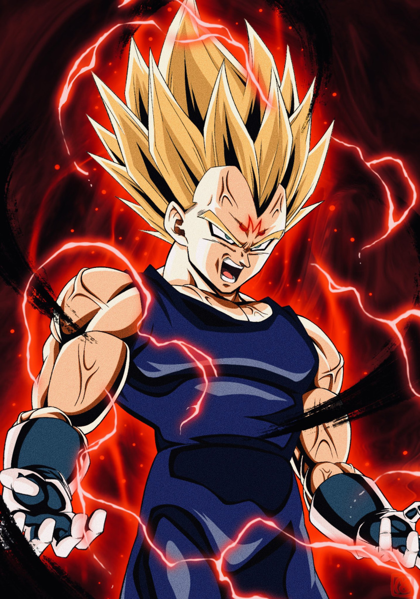 1boy aura biceps blonde_hair blue_pants blue_tank_top commentary_request cowboy_shot dragon_ball dragon_ball_z facial_mark forehead_mark gloves glowing_markings green_eyes highres looking_ahead majin_vegeta male_focus medium_hair muscular muscular_male open_mouth pants red_lightning solo spiked_hair super_saiyan tank_top teeth tongue v-shaped_eyebrows vegeta veins veiny_arms veiny_face veiny_pectorals white_gloves widow's_peak y_man_07