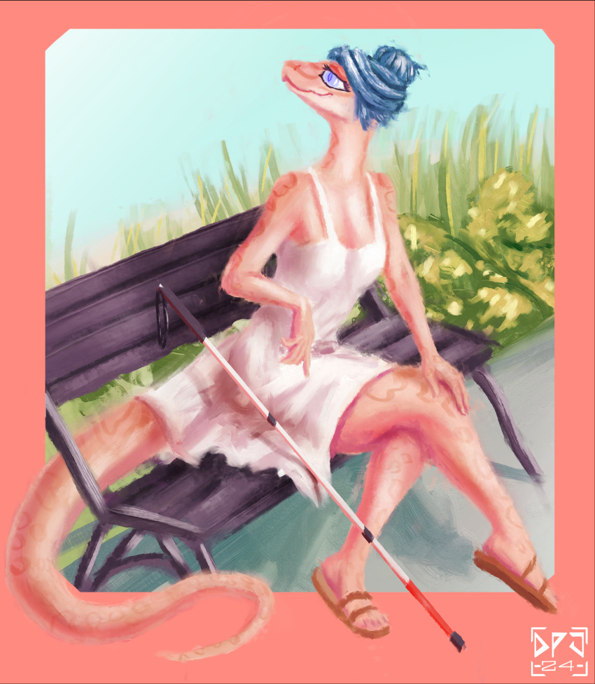 2024 absurd_res anthro bench blind blue_hair bottomwear clothing colubrid corn_snake digital_media_(artwork) digital_painting_(artwork) dirtypaperjoe disability dress female footwear hair hi_res lampropeltini pink_body rat_snake reptile sandals scalie shoes sitting skirt snake white_cane white_clothing white_dress