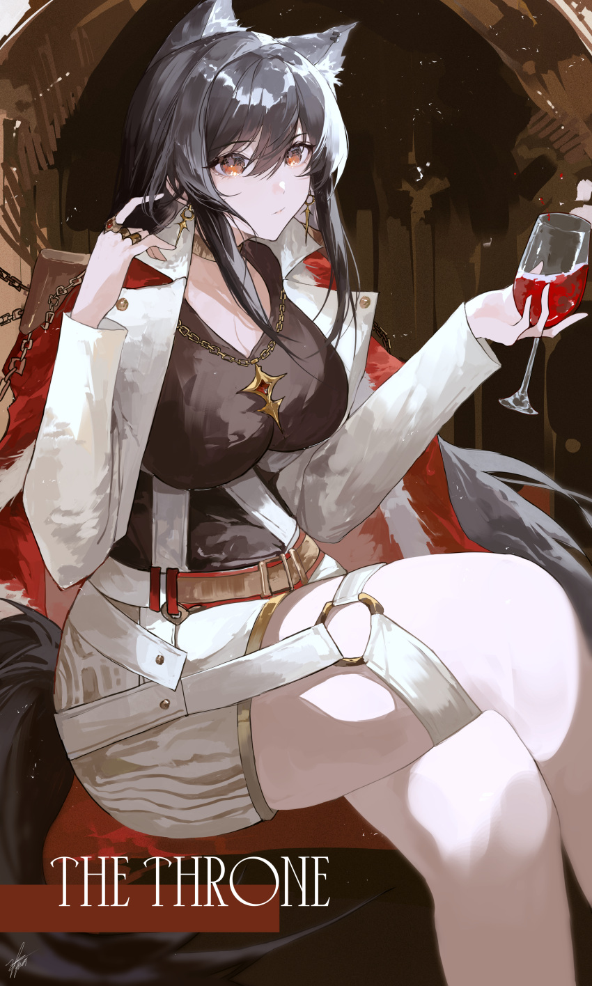 absurdres alcohol alternate_costume animal_ear_fluff animal_ears arknights black_hair black_shirt brown_eyes chain_necklace chains crossed_legs cup drinking_glass earrings female highres holding holding_cup jacket jewelry long_hair necklace red_wine ring shirt shorts sitting tail texas_(arknights) white_jacket white_shorts wine wine_glass wolf_ears wolf_girl wolf_tail yuki_flourish