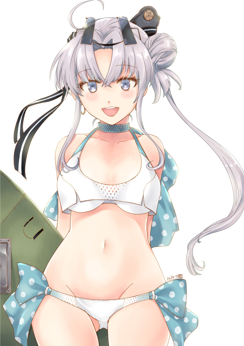 absurdres ahoge aircraft airplane akitsushima_(kancolle) akitsushima_(swimsuit_mode)_(kancolle) bikini breasts drop_earrings earrings eyewear_on_head female flying_boat frilled_bracelet grey_hair h8k hair_bun highres jewelry kantai_collection long_hair matsuura@parao medium_breasts nishikitaitei-chan open_mouth polka_dot purple_eyes purple_hair side_ponytail simple_background smile solo swimsuit white_bikini