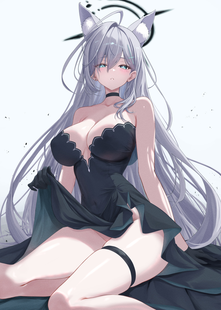 absurdres animal_ear_fluff animal_ears bare_shoulders black_dress blue_archive blue_eyes blush breasts choker cleavage collarbone cross_hair_ornament dress extra_ears female grey_hair hair_ornament halo highres large_breasts long_hair looking_at_viewer noa_(skae3323) shiroko_(blue_archive) shiroko_terror_(blue_archive) side_slit sidelocks sitting solo thighs wariza wolf_ears