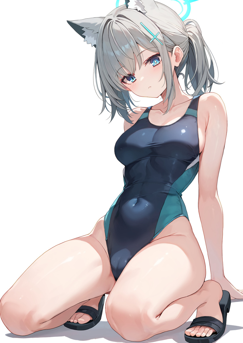 animal_ear_fluff animal_ears bare_shoulders blue_archive blue_eyes blue_one-piece_swimsuit breasts collarbone covered_navel cross_hair_ornament extra_ears female grey_hair hair_ornament halo highres looking_at_viewer medium_breasts medium_hair multicolored_clothes multicolored_swimsuit one-piece_swimsuit rikudou_inuhiko sandals shiroko_(blue_archive) shiroko_(swimsuit)_(blue_archive) short_ponytail sidelocks solo swimsuit wolf_ears