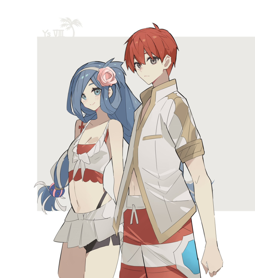 1boy adol_christin bike_shorts blue_eyes blue_hair breasts cleavage closed_mouth commentary_request copyright_name dana_(ys) female flower george_man gold_trim grey_eyes hair_flower hair_ornament hairband highres long_hair looking_at_viewer low-tied_long_hair midriff_peek navel pink_flower red_hair red_shorts shirt shorts smile striped_clothes striped_shorts two-tone_shorts white_hairband white_shirt white_shorts ys ys_viii_lacrimosa_of_dana