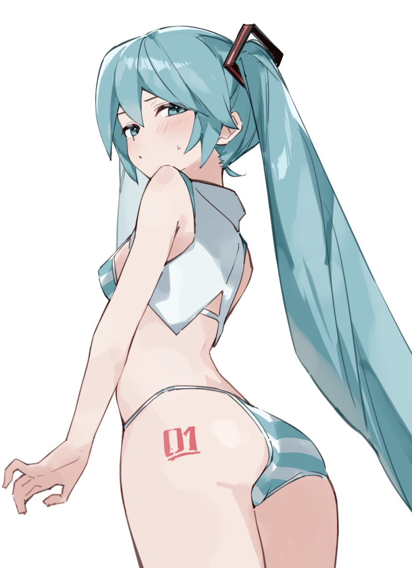 aqua_eyes aqua_hair ass bikini blue_stripes breasts female from_behind hair_between_eyes hatsune_miku highres horizontal-striped_bikini long_hair looking_at_viewer looking_back meme_attire number_tattoo rakugaki_ningen sailor_collar simple_background sleeveless small_breasts solo swimsuit tattoo twintails very_long_hair vocaloid white_background