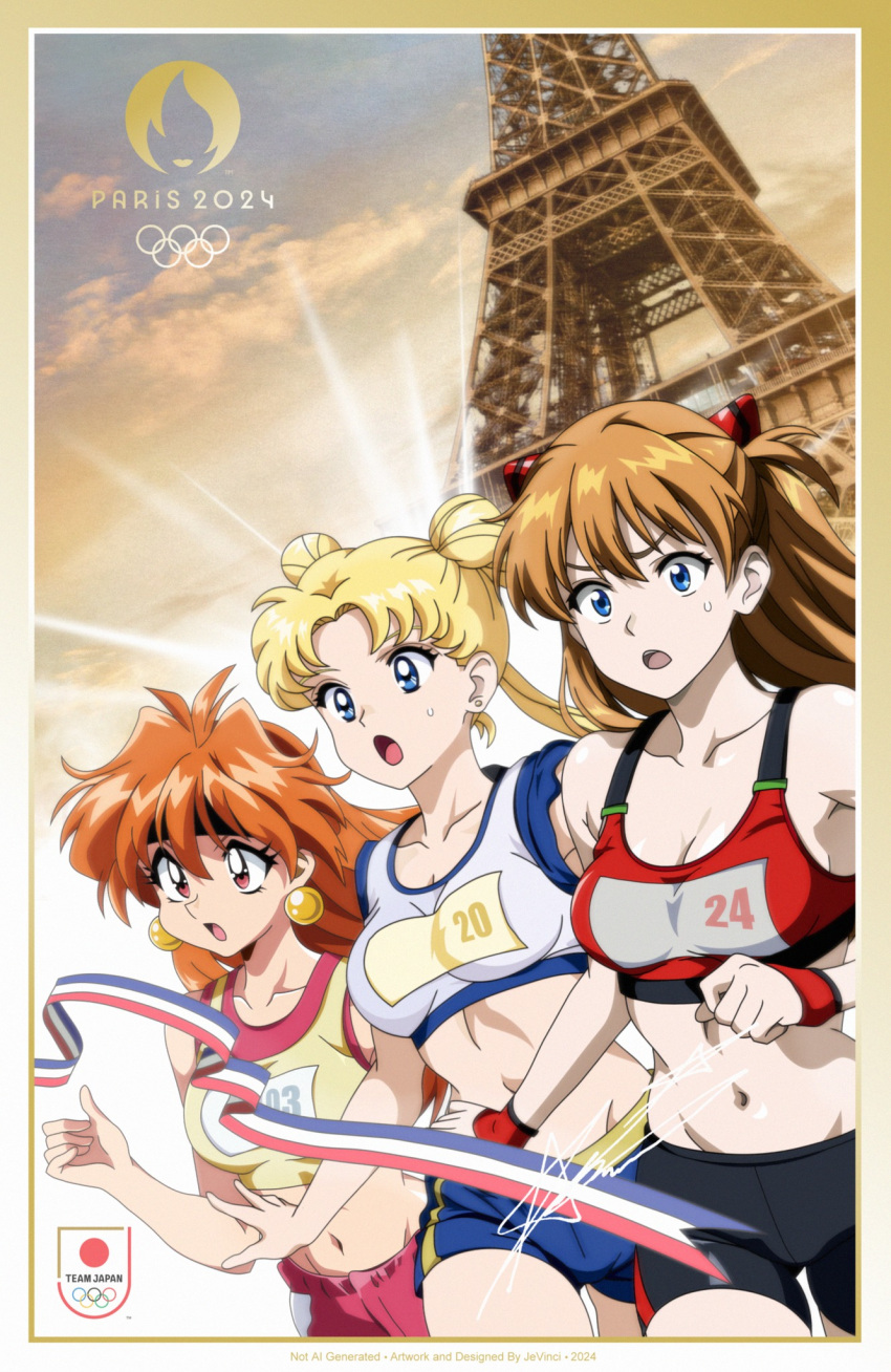 2024_summer_olympics 3girls bishoujo_senshi_sailor_moon black_shorts blonde_hair blue_eyes blue_shorts brown_hair clenched_hand dated double_bun eiffel_tower hair_bun highres jevinci lina_inverse multiple_girls navel neon_genesis_evangelion olympic_rings olympics red_eyes red_shorts running shorts slayers souryuu_asuka_langley sports_bra sunset tsukino_usagi wristband