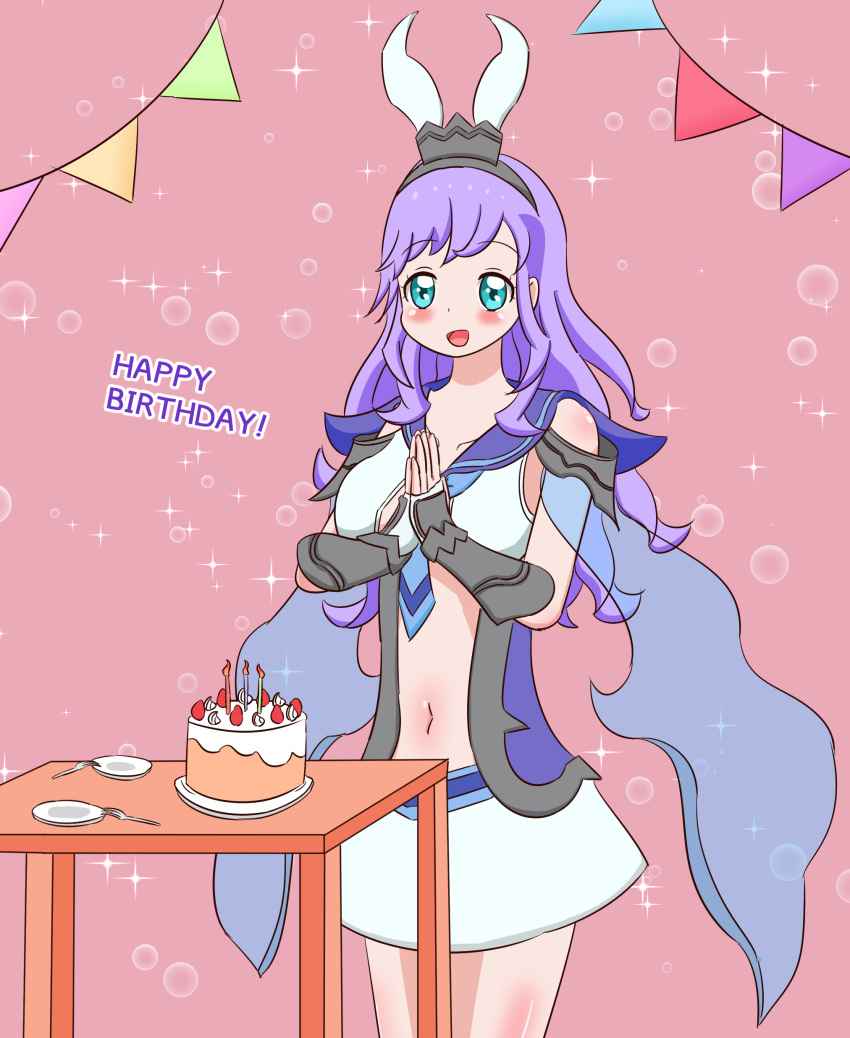 absurdres bare_shoulders birthday_cake blush breasts cake collarbone delphinus_yukino_(saint_seiya:_rising_cosmo) dishes female food fork green_eyes happy_birthday headband highres kabayaki_yaita long_hair navel open_mouth palms_together pink_background purple_hair sailor_collar saint_seiya saint_seiya:_rising_cosmo smile solo standing