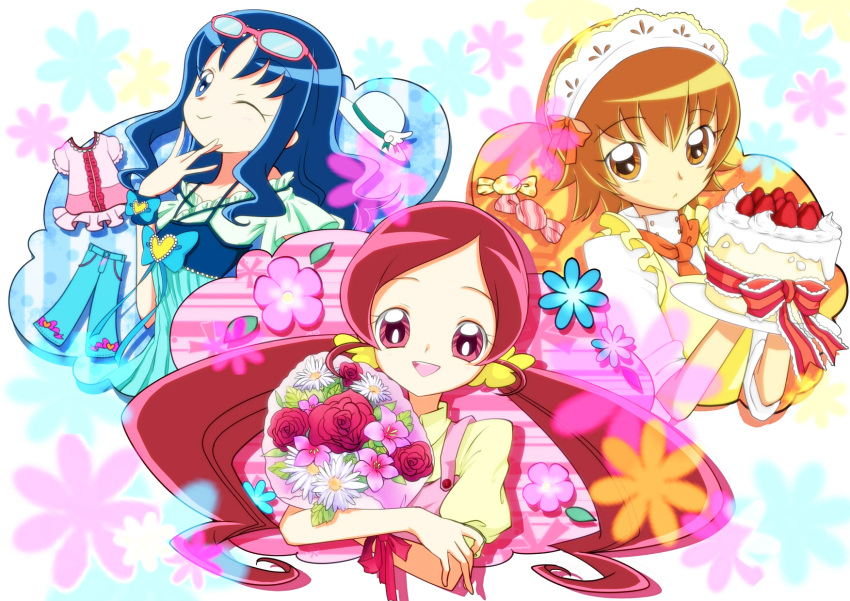 3girls blue_eyes blue_hair brooch brown_eyes brown_hair cake commentary_request flower food goggles goggles_on_head hanasaki_tsubomi heart heart_brooch heartcatch_precure! highres imahia jewelry kurumi_erika long_hair multiple_girls myoudouin_itsuki one_eye_closed pants precure red_eyes red_hair short_hair thighhighs