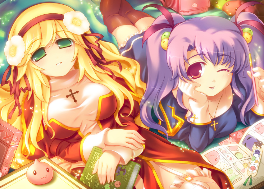 2girls :3 :p arm_support blonde_hair book commentary_request cross flower green_eyes hair_ornament hair_ribbon high_priest_(ragnarok_online) highres long_hair lying mini_koala multiple_girls on_stomach one_eye_closed photoshop_(medium) ponytail priest priest_(ragnarok_online) purple_eyes ragnarok_online ribbon thighhighs tongue tongue_out white_thighhighs