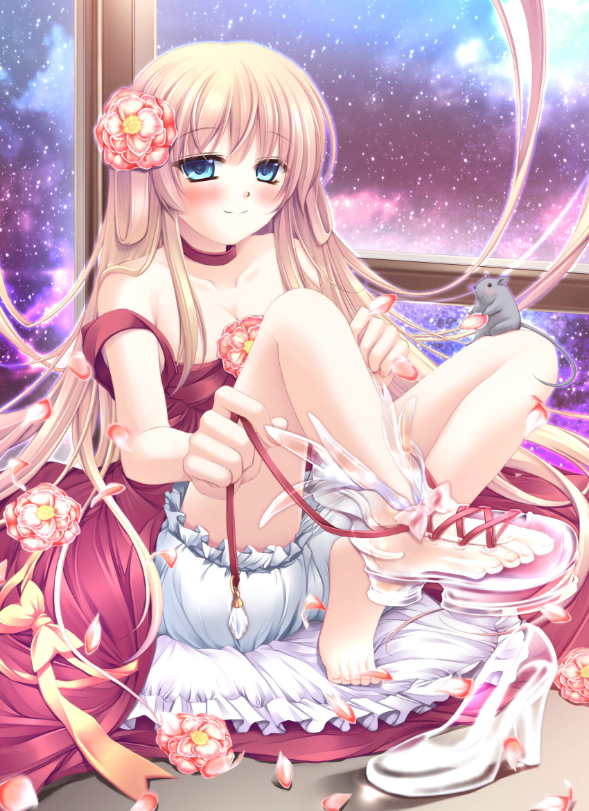 absurdres aqua_eyes barefoot blonde_hair bloomers blush cinderella commentary_request dress evemoina feet female flower glass_slipper hair_flower hair_ornament highres legs long_hair mouse_(animal) petals shoes single_shoe smile solo toes transparent_footwear underwear very_long_hair