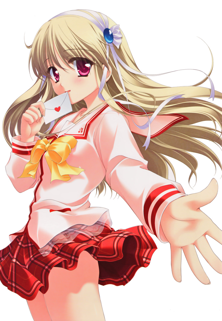 blonde_hair clarissa_satsuki_maezono envelope female highres honeycoming_royalsweet long_hair photoshop_(medium) purple_eyes rakko_(makarakko) ribbon school_uniform solo