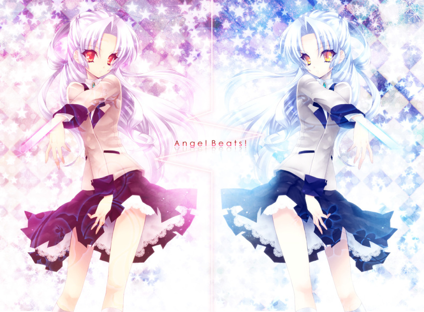 angel_beats! argyle blade blazer commentary_request die_(f_mega) female glowing jacket long_hair palette_swap polar_opposites red_eyes school_uniform skirt sparkle star_(symbol) symmetry tachibana_kanade upskirt weapon white_hair yellow_eyes