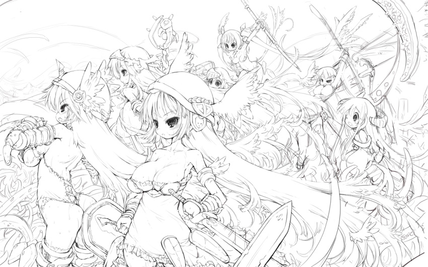 6+girls armor ass blush bow breasts cleavage fantasy feathers greyscale helmet huge_breasts kawahara_megumi large_breasts leotard long_hair monochrome multiple_girls one_eye_closed open_mouth original profile scythe shield sideboob sword tentacle tongue torn_clothes valkyrie weapon wings