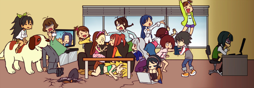 2boys 6+girls akizuki_ritsuko akizuki_ryo amami_haruka animal canine commentary_request everyone futami_ami futami_mami ganaha_hibiki hagiwara_yukiho hidaka_ai highres hoshii_miki idolmaster idolmaster_(classic) idolmaster_dearly_stars inumi kikuchi_makoto kisaragi_chihaya minase_iori miura_azusa mizutani_eri mouru multiple_boys multiple_girls otonashi_kotori producer_(idolmaster) riding shijou_takane st_bernard takatsuki_yayoi