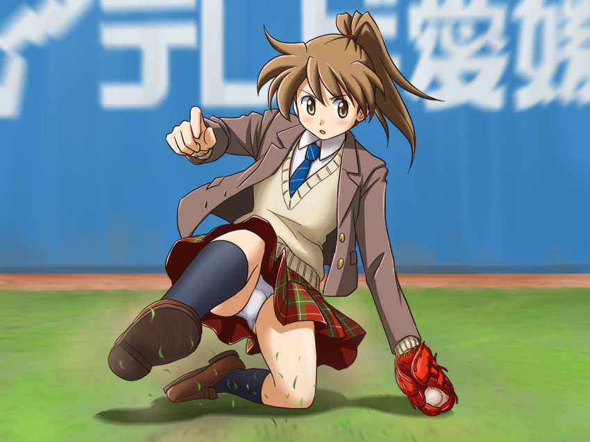 baseball baseball_mitt blue_necktie brown_eyes brown_hair commentary_request female jacket legs lielos necktie original panties pantyshot poniko_(lielos) ponytail school_uniform solo sweater_vest underwear upskirt