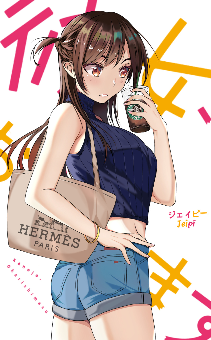 artist_name bag bangs bare_shoulders bracelet breasts brown_eyes brown_hair coffee crop_top drink eyelashes female high_resolution holding_cup jewelry john_mangalile kanojo_okarishimasu large_breasts light_smile long_hair midriff mizuhara_chizuru mobile_wallpaper purse ribbed_shirt shirt short_shorts shorts shoulder_bag solo tied_hair turtleneck