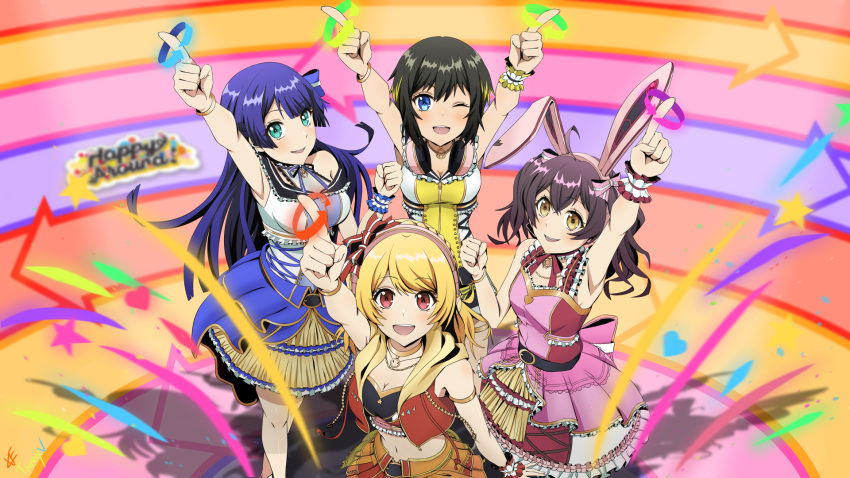 4girls :d ;d ahoge aimoto_rinku akashi_maho animal_ear_headphones animal_ears aqua_eyes arm_up armlet armpit_crease armpits arms_up arrow_(symbol) bandeau bare_shoulders belt black_bandeau black_belt black_hair black_shorts blonde_hair blue_bow blue_hair blue_shirt blue_skirt blunt_bangs blush bow bracelet braid breasts choker cleavage commentary cowboy_shot d4dj drawstring dress fake_animal_ears french_braid frilled_skirt frills group_name group_picture hair_between_eyes hairbow happy_around! headphones headphones_around_neck highres hood hooded_vest hoodie index_finger_raised index_fingers_raised jewelry large_breasts long_hair looking_at_viewer medium_breasts midriff multicolored_hair multiple_girls navel neck_ribbon necklace ohnaruto_muni one_eye_closed open_clothes open_mouth open_vest pink_dress pleated_skirt purple_hair rabbit_ear_headphones red_eyes red_skirt red_vest ribbon shadow shirt short_hair shorts sidelocks signature skirt sleeveless sleeveless_dress sleeveless_shirt smile stage standing streaked_hair tanny_v teeth togetsu_rei two-tone_hair two-tone_shirt upper_teeth_only vest white_shirt wrist_cuffs yellow_choker yellow_eyes yellow_shirt