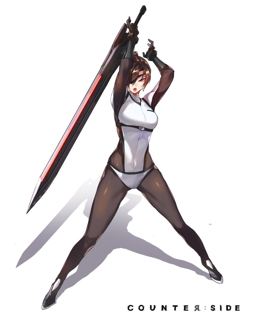 arms_up black_gloves bodysuit brown_hair copyright_name counter:side covered_navel ddolggol earrings english_text eyepatch female gloves greatsword highres holding holding_sword holding_weapon jewelry korean_commentary lee_sooyeon navel open_mouth orange_eyes ponytail shadow short_hair single_earring skin_tight solo sword teeth tongue weapon white_background