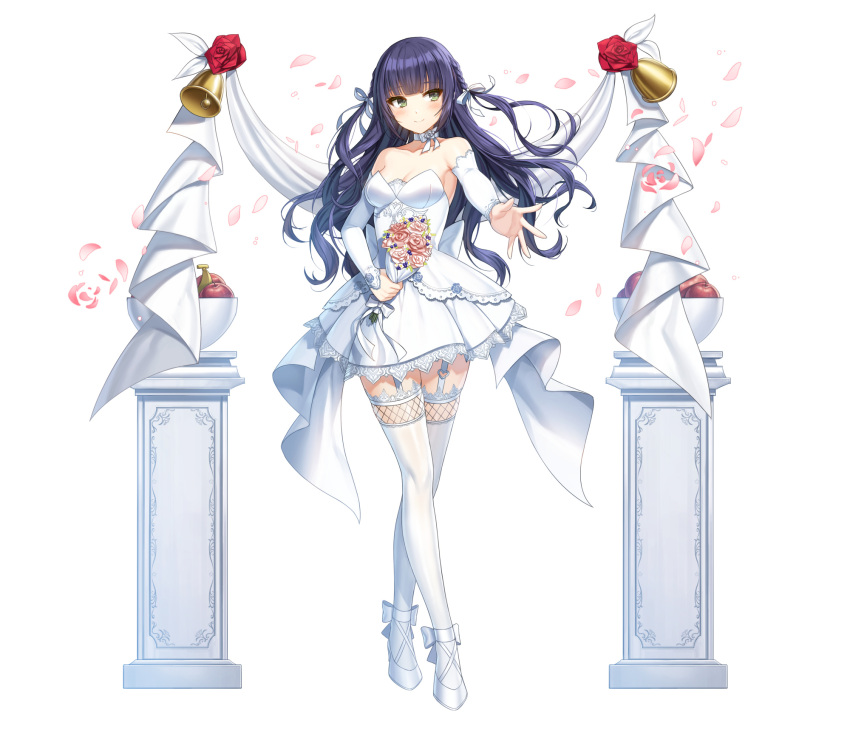 ankle_bow apple back_bow banana banner bare_shoulders bell blue_hair blush bouquet bow bow_choker bowl breasts bridal_gauntlets choker cleavage closed_mouth closers collarbone column crossed_legs curly_hair dress eunha_(closers) falling_petals female flower food fruit full_body garter_straps green_eyes hair_ribbon high_heels highres holding holding_bouquet lace-trimmed_dress lace-trimmed_thighhighs lace_trim long_hair looking_to_the_side medium_breasts official_art outstretched_arm outstretched_hand petals pillar pink_flower pink_rose red_flower red_rose ribbon rose short_dress smile solo standing strapless strapless_dress tachi-e thighhighs two_side_up watson_cross wedding_dress white_background white_bow white_bridal_gauntlets white_choker white_dress white_footwear white_ribbon white_thighhighs