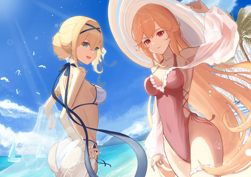 2girls :d absurdres aoi_tooru ass azur_lane beach bikini bird blonde_hair blue_eyes blue_sky breasts commentary_request day detached_sleeves hair_bun hat highres jeanne_d'arc_(azur_lane) jeanne_d'arc_(saintess_of_the_sea)_(azur_lane) long_hair looking_at_viewer medium_breasts multiple_girls ocean official_alternate_costume one-piece_swimsuit outdoors palm_tree pink_one-piece_swimsuit red_eyes richelieu_(azur_lane) richelieu_(fleuron_of_the_waves)_(azur_lane) see-through see-through_shawl see-through_sleeves shawl sky smile sun_hat swimsuit tree very_long_hair white_bikini white_sleeves