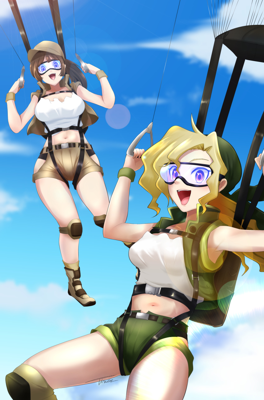 2girls :d belt blonde_hair blurry bokeh boots breasts brown_hair cloud commission depth_of_field fio_germi full_body goggles green_shorts highres holding kasamoto_eri knee_pads long_hair looking_at_viewer metal_slug midriff multiple_girls navel open_mouth outdoors parachute purple_eyes shirt shorts signature skeb_commission sky skydive sleeveless smile teeth thighs tina_orz upper_teeth vest vest_over_shirt white_shirt