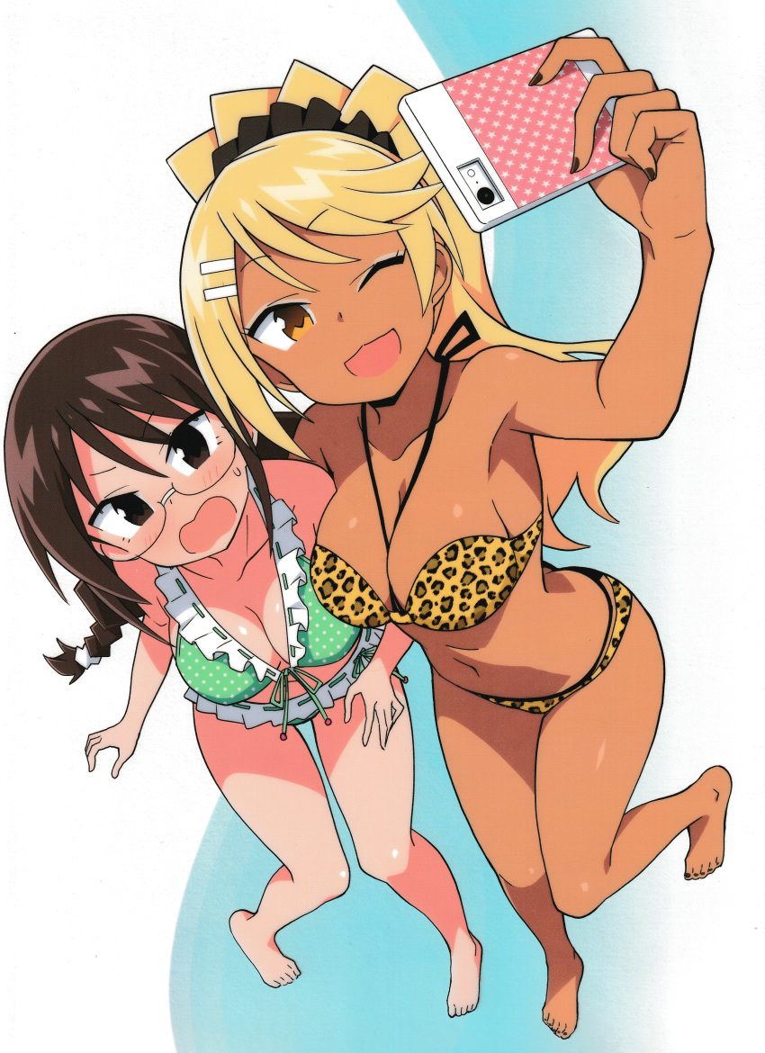 2girls absurdres anbe_masahiro animal_print archived_source atsumare!_fushigi_kenkyuubu bikini blonde_hair blush braid breasts brown_eyes brown_hair cellphone cleavage dark-skinned_female dark_skin eyeshadow frilled_bikini frills from_above front-tie_bikini_top front-tie_top glasses green_bikini gyaru hair_between_eyes hair_ornament hairclip highres leopard_print makeup multi-strapped_bikini multiple_girls nail_polish official_art one_eye_closed phone ponytail scan selfie shiny_skin smartphone standing standing_on_one_leg swimsuit takahama_reiko tan tanaka_ryouko twin_braids twintails yellow_eyes