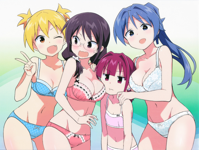 4girls anbe_masahiro archived_source atsumare!_fushigi_kenkyuubu black_eyes black_hair blonde_hair blue_bra blue_eyes blue_hair blue_panties blunt_bangs bra braid breasts brown_eyes cleavage closed_mouth commentary_request glasses groin hair_intakes kanda_chiaki long_hair looking_at_viewer midriff multiple_girls navel ninomiya_suzu oerba_yun_fang official_art one_eye_closed oohara_kotone open_mouth panties pink_bra pink_panties red_eyes red_hair ribbon_panties scrunchie shirt short_hair smile standing stomach sweatdrop t-shirt takahama_reiko twin_braids twintails underwear underwear_only v white_bra white_panties