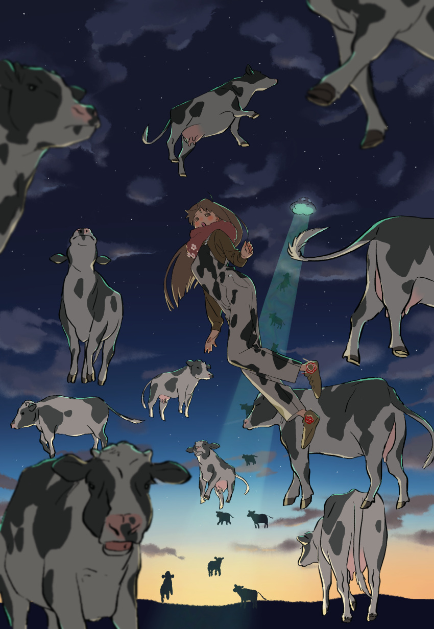 abduction absurdres animal_costume animal_print blurry blush bovine brown_eyes brown_hair brown_sweater cloud commentary_request cow_costume cow_print depth_of_field english_commentary female floating gradient_sky highres horizon long_hair long_sleeves midair mixed-language_commentary night no_pupils open_mouth original outdoors overalls print_overalls red_scarf scarf shiki_haru sky solo star_(sky) starry_sky sunrise sweater udder ufo