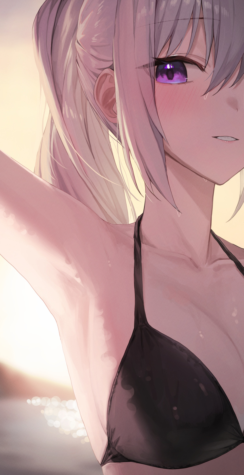 absurdres arm_up armpits backlighting bare_shoulders bikini black_bikini breasts collarbone female grin halterneck highres huhi_(huhi_1211) ine_(vtuber) long_hair looking_at_viewer medium_breasts parted_lips ponytail purple_eyes sidelocks smile solo string_bikini swimsuit upper_body virtual_youtuber waktaverse wet wet_clothes wet_swimsuit white_hair