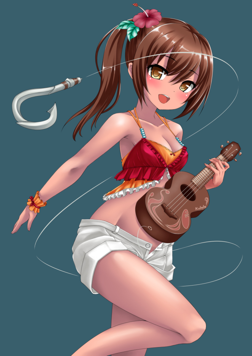 armpit_peek bikini blue_background breasts brown_eyes brown_hair cleavage collarbone commentary_request feet_out_of_frame female fishing_hook fishing_line flower girls_symphony hair_between_eyes hair_flower hair_ornament head_tilt hibiscus highres holding holding_instrument instrument kaze_makase kurere_(girls_symphony) layered_bikini leg_lift medium_breasts open_clothes open_mouth open_shorts ponytail shorts simple_background solo standing standing_on_one_leg swimsuit tan teeth ukulele upper_teeth_only white_shorts wrist_cuffs