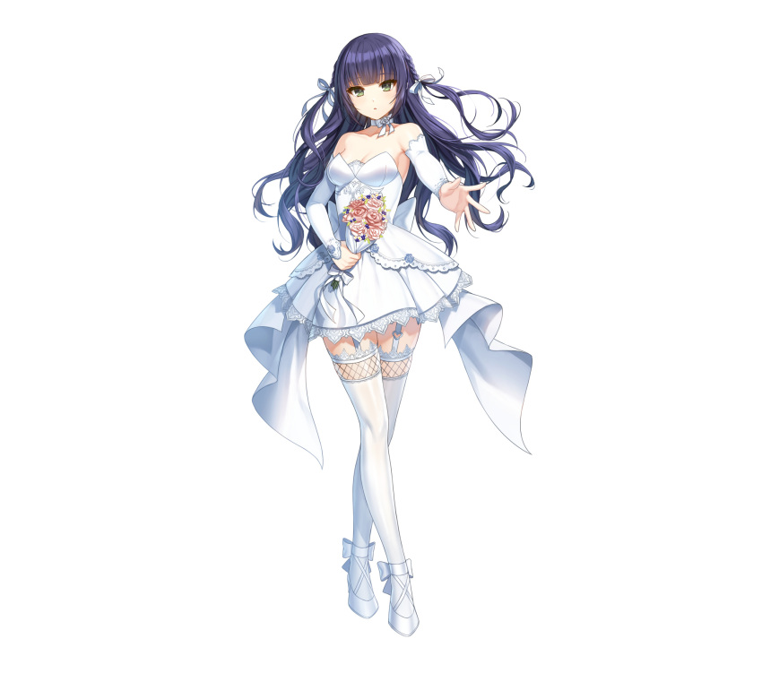 :o ankle_bow back_bow bare_shoulders blue_hair bouquet bow bow_choker breasts bridal_gauntlets choker cleavage closers collarbone crossed_legs curly_hair dress eunha_(closers) female flower full_body garter_straps green_eyes hair_ribbon high_heels highres holding holding_bouquet lace-trimmed_dress lace-trimmed_thighhighs lace_trim long_hair looking_at_viewer medium_breasts official_art outstretched_arm outstretched_hand pink_flower pink_rose ribbon rose short_dress solo standing strapless strapless_dress tachi-e thighhighs two_side_up watson_cross wedding_dress white_background white_bow white_bridal_gauntlets white_choker white_dress white_footwear white_ribbon white_thighhighs