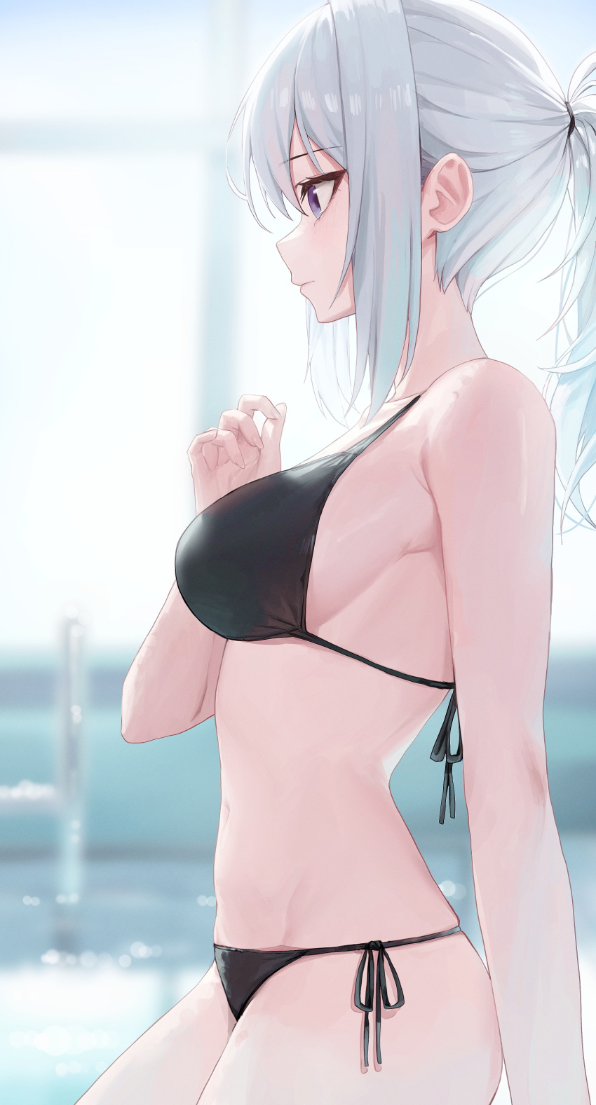 absurdres bikini black_bikini blurry blurry_background blush breasts female from_side grey_hair groin highres huhi_(huhi_1211) ine_(vtuber) looking_ahead medium_breasts navel ponytail pool profile purple_eyes side-tie_bikini_bottom sideboob sidelocks skindentation solo string_bikini swimsuit virtual_youtuber waktaverse