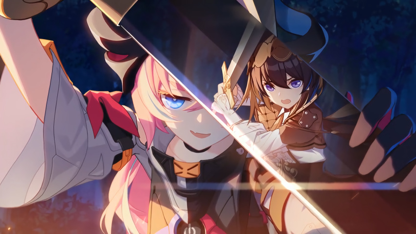 2girls armor battle black_choker black_gloves black_hair blue_eyes choker commentary_request embers forest glint gloves hair_between_eyes highres holding holding_sword holding_weapon honkai_(series) honkai_impact_3rd horns long_hair multicolored_hair multiple_girls nature night oerba_yun_fang official_alternate_costume official_art open_mouth pink_hair purple_eyes reflection resized rozaliya_olenyeva rozaliya_olenyeva_(fervent_tempo) seele_vollerei seele_vollerei_(swallowtail_phantasm) skin_fang streaked_hair sword third-party_source tree upper_body upscaled weapon white_hair