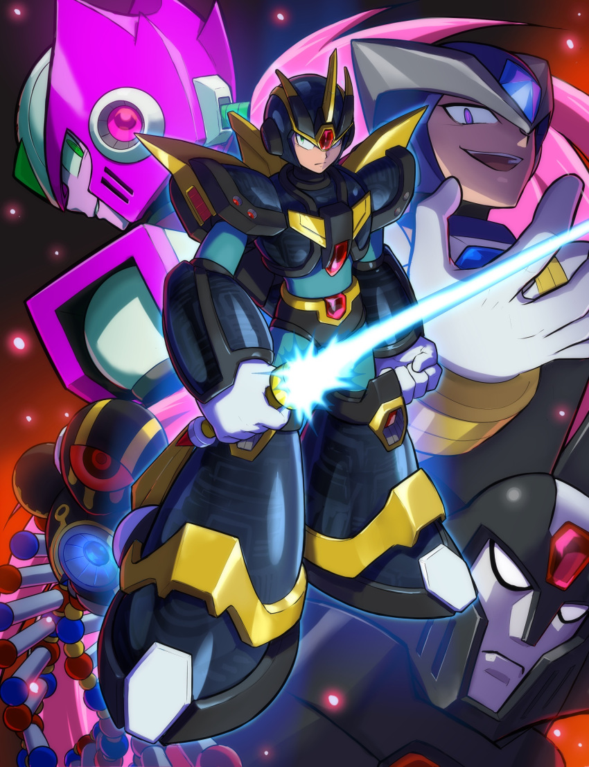 4boys :d android armor black_headwear blue_bodysuit bodysuit closed_mouth commentary_request energy_sword evil_grin evil_smile forehead_jewel full_body gate_(mega_man) gloves green_eyes grin helmet high_max_(mega_man) highres holding holding_weapon hoshi_mikan looking_at_viewer looking_back male_focus mega_man_(series) mega_man_x6 mega_man_x_(series) multiple_boys nightmare_virus_(mega_man) open_mouth purple_eyes purple_headwear robot_ears serious shoulder_armor smile standing sword teeth ultimate_armor_x_(mega_man) upper_teeth_only weapon white_gloves x_(mega_man) zero_(mega_man) zero_nightmare_(mega_man)