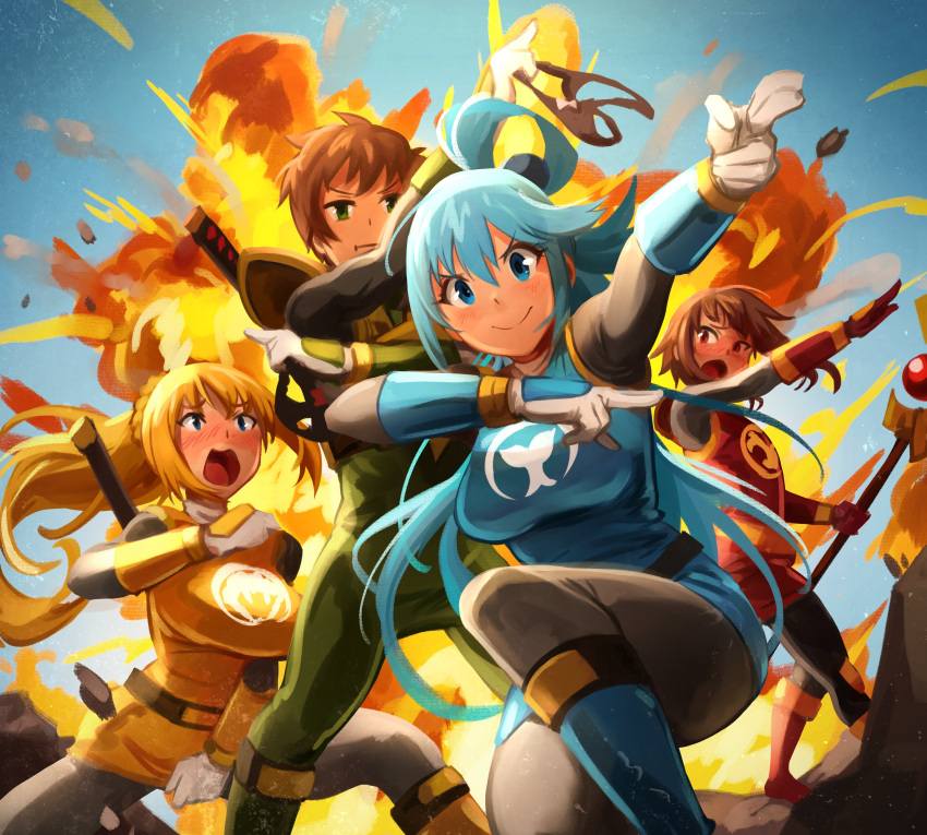 1boy 3girls :| absurdres aqua_(konosuba) arm_up belt black_belt black_bodysuit black_panties blonde_hair blue_dress blue_eyes blue_footwear blue_hair blue_wind_ranger blue_wind_ranger_(cosplay) blush bodysuit bodysuit_under_clothes boots bow bow_panties braid breasts brown_gloves brown_hair closed_mouth clothes_theft commentary cosplay crimson_thunder_ranger crimson_thunder_ranger_(cosplay) crown_braid darkness_(konosuba) day dress english_commentary explosion expressionless feet_out_of_frame flipped_hair foot_out_of_frame furrowed_brow gloves gold_trim green_bodysuit green_eyes green_footwear green_samurai_ranger green_samurai_ranger_(cosplay) hair_between_eyes hair_bobbles hair_ornament hair_rings highres holding holding_clothes holding_panties holding_underwear katana khyle. kono_subarashii_sekai_ni_shukufuku_wo! lace-trimmed_panties lace_trim large_breasts long_hair looking_at_another looking_at_viewer medium_breasts megumin multiple_girls ninpuu_sentai_hurricanger no_headwear on_one_knee open_mouth panties pink_bow pointing pointing_forward pose power_rangers power_rangers_ninja_storm print_dress red_bow red_dress red_eyes red_footwear satou_kazuma sentai short_dress short_hair short_hair_with_long_locks sidelocks single_hair_ring sky smile split_mouth straight_hair super_sentai sword theft thong tokusatsu tsurime underwear underwear_theft unworn_panties v-shaped_eyebrows very_long_hair weapon weapon_on_back white_gloves yellow_dress yellow_footwear yellow_wind_ranger yellow_wind_ranger_(cosplay)