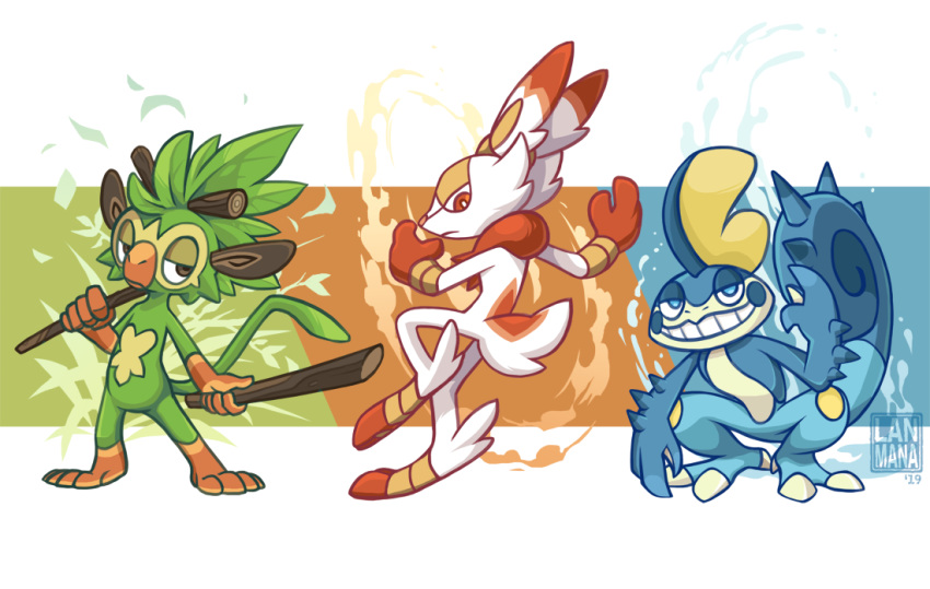 blue_eyes brown_eyes claws commentary english_commentary fakemon full_body grin grookey holding holding_weapon lanmana looking_at_viewer monkey no_humans orange_eyes pokemon pokemon_(creature) rabbit scorbunny smile sobble standing starter_pokemon_trio weapon