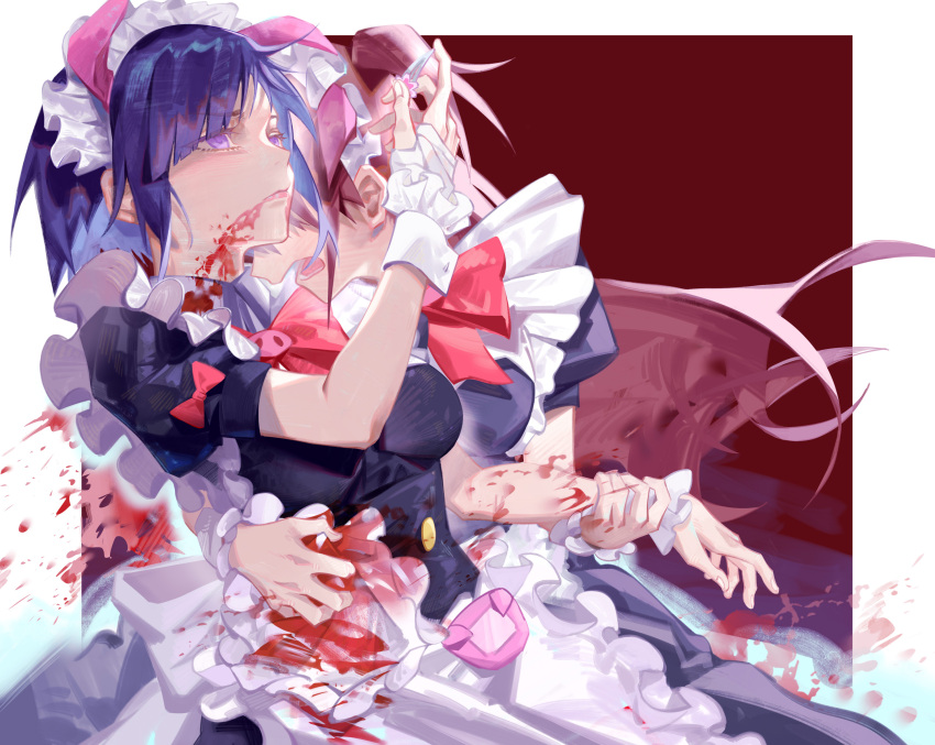 2girls akiba_maid_sensou animal_ears apron black_dress blood blood_from_mouth blood_on_clothes blood_on_face blood_splatter bow bowtie brown_hair commentary dress expressionless fake_animal_ears floating_hair frilled_hairband frills hair_ornament hairband highres holding holding_another's_wrist holding_hair_ornament hug injury long_hair maid maid_apron maid_headdress mannen_ranko multiple_girls open_mouth pig_ears purple_eyes purple_hair red_bow red_bowtie short_hair short_sleeves spoilers taotao_xun_jiejie two-tone_background upper_body wahira_nagomi wrist_cuffs