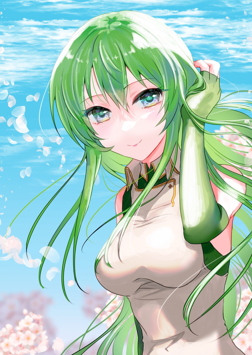 closed_mouth erinys_(fire_emblem) female fingerless_gloves fire_emblem fire_emblem:_genealogy_of_the_holy_war gloves green_eyes green_hair highres long_hair looking_at_viewer mu_tu_bu outdoors petals