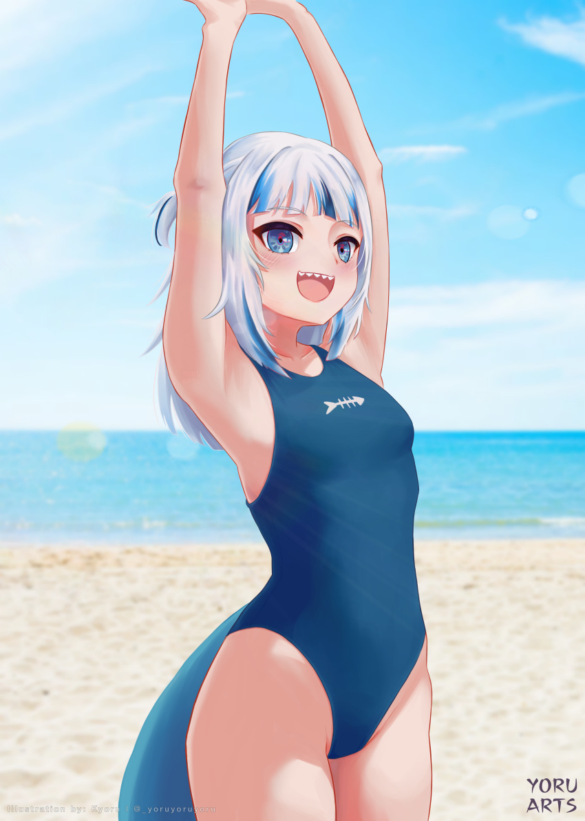 absurdres arms_up beach blue_eyes blue_hair blue_one-piece_swimsuit blue_sky blunt_bangs breasts cloud competition_swimsuit day english_commentary female fins fish_tail gawr_gura grey_hair highres hololive hololive_english horizon kyoru looking_at_viewer medium_hair multicolored_hair ocean one-piece_swimsuit outdoors shark_girl shark_tail sharp_teeth sky small_breasts solo standing streaked_hair swimsuit tail teeth two_side_up virtual_youtuber