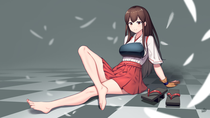 akagi_(kancolle) akagi_kai_ni_(kancolle) arm_support breasts brown_eyes brown_gloves brown_hair checkered_floor female gloves hakama hakama_short_skirt hakama_skirt highres japanese_clothes kantai_collection large_breasts long_hair partially_fingerless_gloves red_hakama shoes sitting skirt smile solo straight_hair unworn_shoes xiaoxi0619 yugake