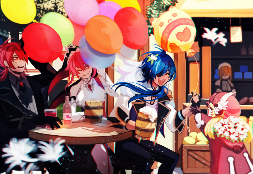 2boys 3girls :d ;d ^_^ ahoge alcohol balloon beer beer_mug black_gloves black_hair blonde_hair brown_hair cabbie_hat chair closed_eyes coat commentary cup detached_sleeves diluc_(genshin_impact) dual_wielding enpitsu01 eyepatch eyes_visible_through_hair fingerless_gloves flower fur_scarf genshin_impact giving gloves habit hair_between_eyes hat holding holding_cup hood hooded_coat jumpy_dumpty kaeya_(genshin_impact) klee_(genshin_impact) long_hair looking_at_another low_twintails maid maid_headdress mug multiple_boys multiple_girls necktie nun one_eye_closed open_mouth pointy_ears red_coat red_eyes red_hair red_headwear rosaria_(genshin_impact) sara_(genshin_impact) short_hair sidelocks sitting smile sweatdrop symbol-only_commentary table twintails wooden_box wooden_cup