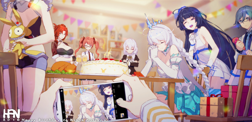 6+girls back bare_shoulders birthday birthday_cake blue_eyes blue_hair blue_necktie blue_shirt braid breasts bronya_zaychik bronya_zaychik_(yamabuki_armor) cake camera captain_(honkai_impact) cellphone chicken_(food) chinese_commentary closed_eyes closed_mouth commentary_request crossed_arms crown_braid drill_hair drink food frederica_nikola_tesla fu_hua fu_hua_(night_squire) gift glasses grey_hair hair_between_eyes han-0v0 happy_birthday holding holding_phone homu_(honkai_impact) honkai_(series) honkai_impact_3rd indoors jacket kiana_kaslana kiana_kaslana_(divine_prayer) long_hair long_sleeves low-tied_long_hair low_ponytail multiple_girls murata_himeko murata_himeko_(battle_storm) necktie nun one_eye_closed open_clothes open_jacket open_mouth phone ponytail praying print_necktie raiden_mei raiden_mei_(valkyrie_bladestrike) red_hair shirt short_sleeves side_ponytail smartphone suit taking_picture theresa_apocalypse theresa_apocalypse_(valkyrie_pledge) thighs twin_braids twin_drills viewfinder white_hair white_jacket white_sleeves white_suit