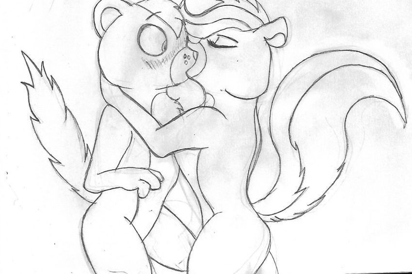 2017 anthro anthrofied blush blush_lines closed_eyes duo erect_tail female fur graphite_(artwork) hair hasbro herpestid hug kiss_on_lips kissing littlest_pet_shop littlest_pet_shop_(2012) male male/female mammal marcushunter mephitid mongoose monochrome nude pencil_(artwork) pepper_clark raised_tail skunk standing sunil_nevla surprise_kiss tail traditional_media_(artwork) wide_eyed