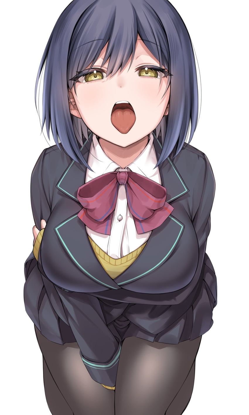 between_legs blazer blue_hair breasts female hand_between_legs highres jacket large_breasts looking_at_viewer nijisanji open_mouth pantyhose ribbon school_uniform seiza shizuka_rin shizuka_rin_(1st_costume) short_hair sitting skirt solo tarou_(komekueyo) tongue tongue_out virtual_youtuber yellow_eyes