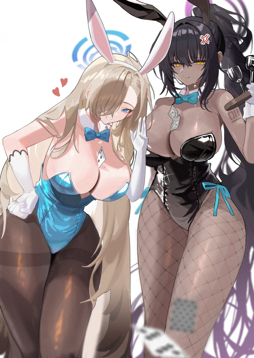 2girls absurdres anger_vein animal_ears artistic_error asuna_(blue_archive) asuna_(bunny)_(blue_archive) bad_hands bad_id bad_pixiv_id banknote between_breasts black_hair black_pantyhose blonde_hair blue_archive blue_eyes blue_leotard bow bowtie breasts card cleavage commentary cup dark-skinned_female dark_skin detached_collar dollar_bill drinking_glass fake_animal_ears fishnet_pantyhose fishnets gloves grin hair_over_one_eye halo hand_on_own_hip heart highres karin_(blue_archive) karin_(bunny)_(blue_archive) korean_commentary leotard long_hair looking_at_viewer money multiple_girls number_tattoo official_alternate_costume pantyhose playboy_bunny playing_card ponytail rabbit_ears rima_(0136) simple_background smile strapless strapless_leotard tattoo thighband_pantyhose white_background white_gloves wine_glass wrong_hand yellow_eyes