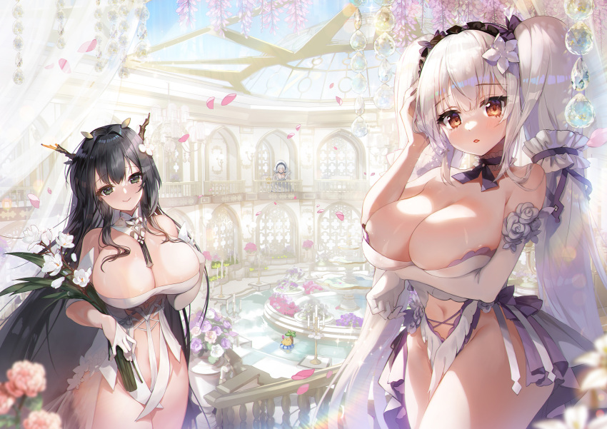 3girls alternate_costume antlers apple_caramel arm_under_breasts azur_lane babydoll bare_shoulders breast_hold breasts choker cleavage closed_mouth cowboy_shot crystal curtains elbow_gloves falling_petals flower formidable_(azur_lane) formidable_(timeless_classics)_(azur_lane) fountain frilled_choker frilled_hairband frills glass_ceiling gloves hair_flower hair_ornament hairband half_gloves highres holding holding_flower horns illustrious_(azur_lane) indomitable_(azur_lane) indoors large_breasts long_hair maid_headdress manjuu_(azur_lane) multiple_girls navel necktie no_panties official_alternate_costume palace parted_lips petals pink_flower purple_flower red_eyes revealing_clothes see-through smile sparkle thighs twintails white_choker white_flower white_gloves white_hair