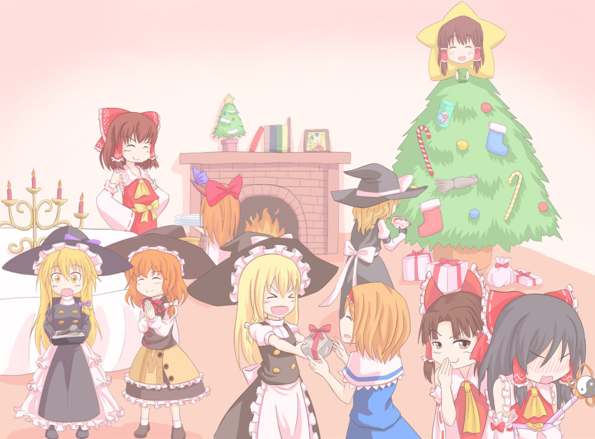 >_< 6+girls alice_margatroid azusa_(cookie) benikurage_(cookie) black_headwear black_jacket black_skirt black_vest blonde_hair blouse blue_dress blush book bow braid brown_eyes brown_hair candelabra candle candlestand candy candy_cane capelet christmas christmas_ornaments christmas_stocking christmas_tree cirno cirno_(cookie) closed_mouth commentary_request cookie_(touhou) cup dress fire fireplace food frilled_bow frilled_hair_tubes frills full_body gift gift_wrapping hair_between_eyes hair_tubes hairband hairbow hakurei_reimu hat hat_bow hazuna_rio highres hinase_(cookie) ibuki_suika jacket kanna_(cookie) kirisame_marisa long_hair looking_at_another looking_to_the_side mars_(cookie) medium_hair microphone multiple_girls no_eyes nose_blush open_mouth orange_hair parted_bangs petticoat puhaa purple_bow red_bow red_hairband rei_(cookie) reu_(cookie) rock sananana_(cookie) shirt short_hair side_braid single_braid skirt smile squid star_(symbol) touhou turtleneck upper_body uzuki_(cookie) vest white_bow white_capelet white_shirt witch_hat yamin_(cookie) yin_yang yunomi